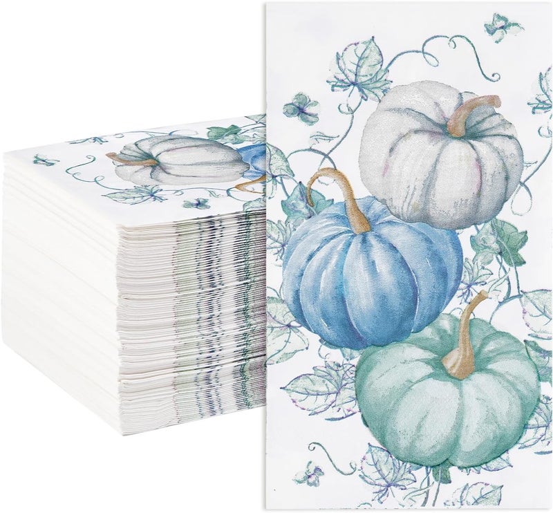 Grencian 100Pcs Fall Napkins Thanksgiving Napkins 3 Ply Blue White Pumpkin Guest Napkin Disposable Hand Towels for Bathroom Kitchen Dinner Napkin for Fall Wedding Baby Shower Thanksgiving Party - Image 1